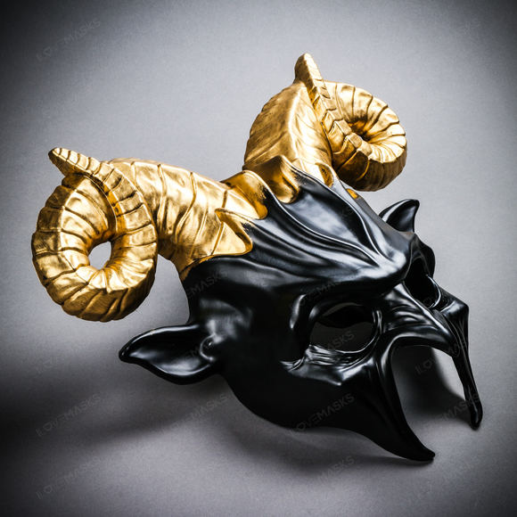 Krampus Ram Demon with Horns Devil Halloween Mask - Black  Gold - Picture 4 of 6